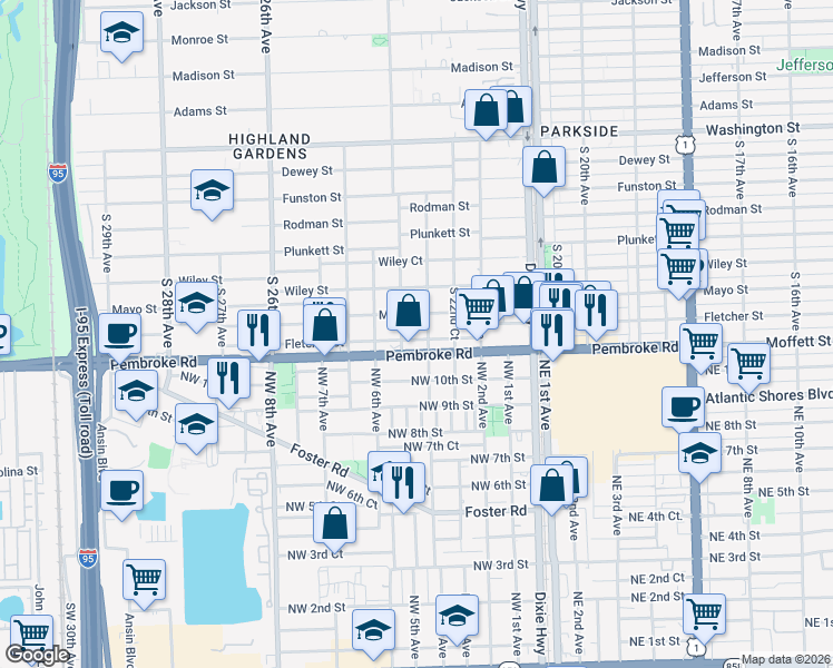 map of restaurants, bars, coffee shops, grocery stores, and more near 2329 Pembroke Road in Hollywood