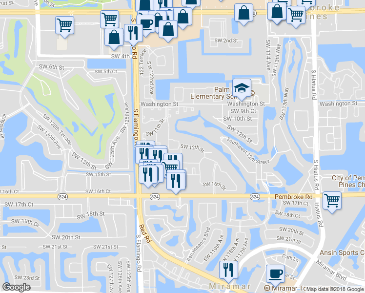 map of restaurants, bars, coffee shops, grocery stores, and more near 12033 Southwest 12th Street in Pembroke Pines