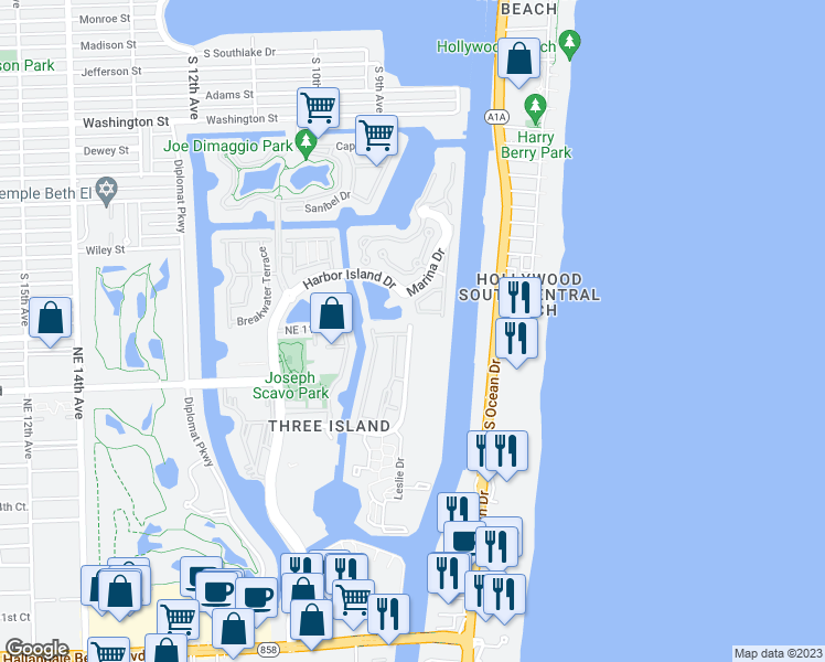 map of restaurants, bars, coffee shops, grocery stores, and more near 1000 Parkview Drive in Hallandale Beach
