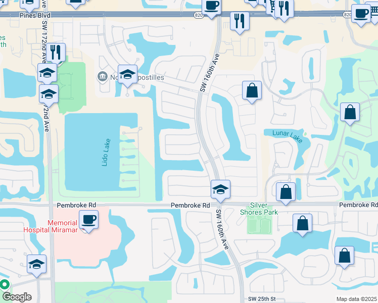 map of restaurants, bars, coffee shops, grocery stores, and more near 16150 Southwest 11th Street in Pembroke Pines