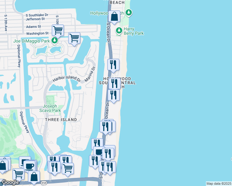 map of restaurants, bars, coffee shops, grocery stores, and more near 2711 South Ocean Drive in Hollywood