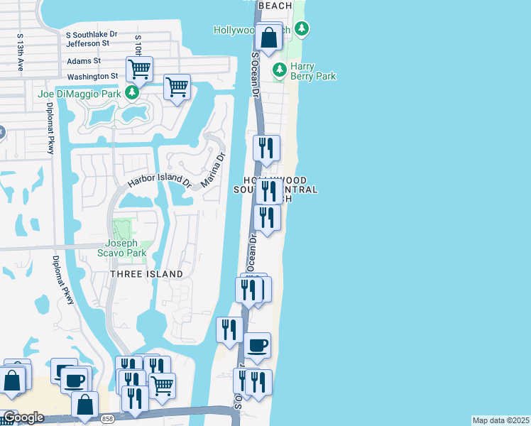 map of restaurants, bars, coffee shops, grocery stores, and more near 2501 South Ocean Drive in Hollywood
