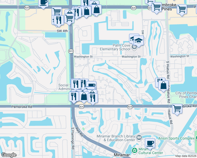 map of restaurants, bars, coffee shops, grocery stores, and more near 11801 Pembroke Road in Pembroke Pines