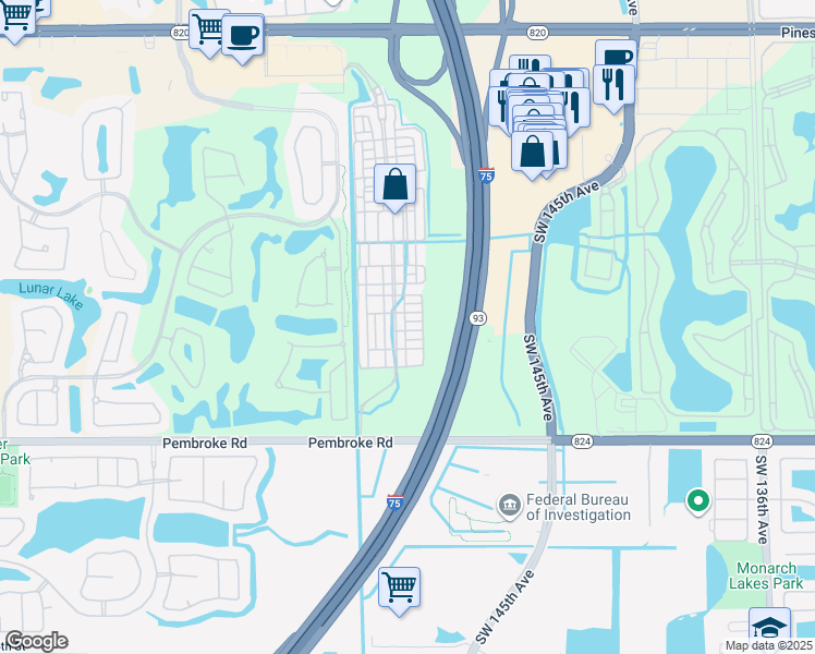map of restaurants, bars, coffee shops, grocery stores, and more near 14607 Southwest 15th Street in Pembroke Pines