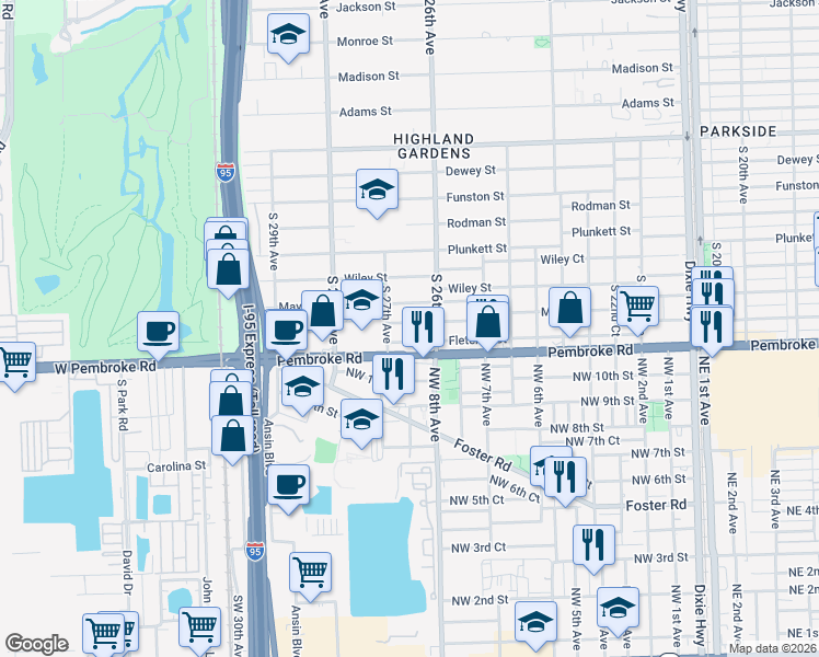 map of restaurants, bars, coffee shops, grocery stores, and more near 2640 Fletcher Street in Hollywood