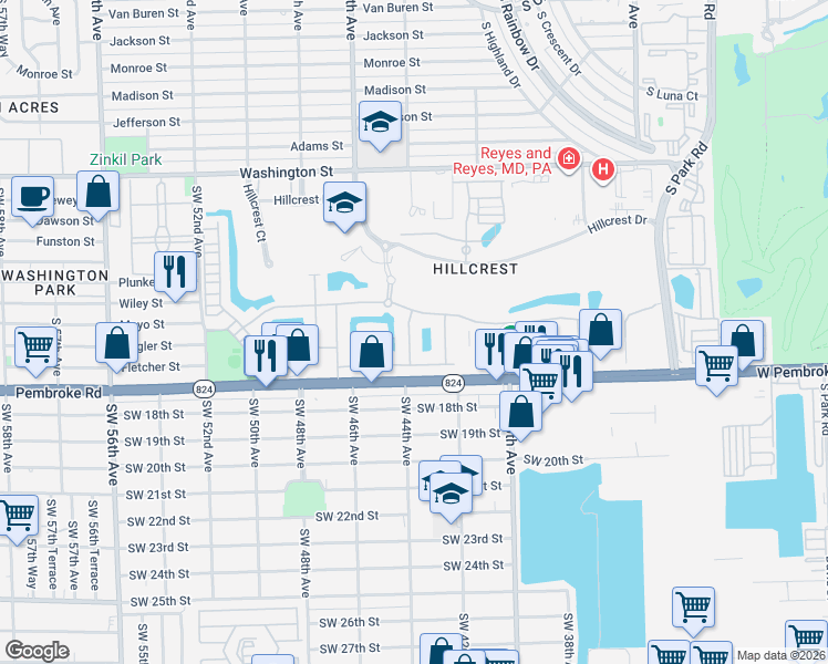 map of restaurants, bars, coffee shops, grocery stores, and more near 1575 Pongam Terrace in Hollywood