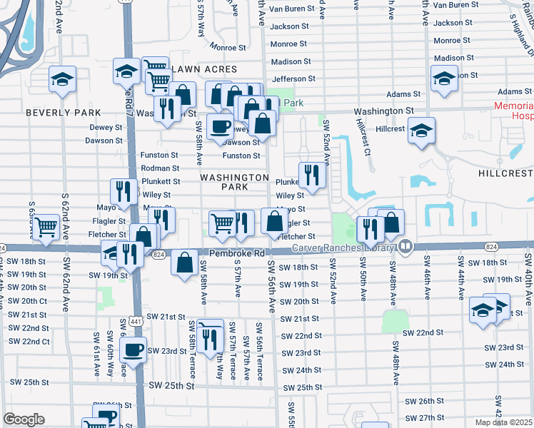 map of restaurants, bars, coffee shops, grocery stores, and more near 5600 Flagler Street in Hollywood