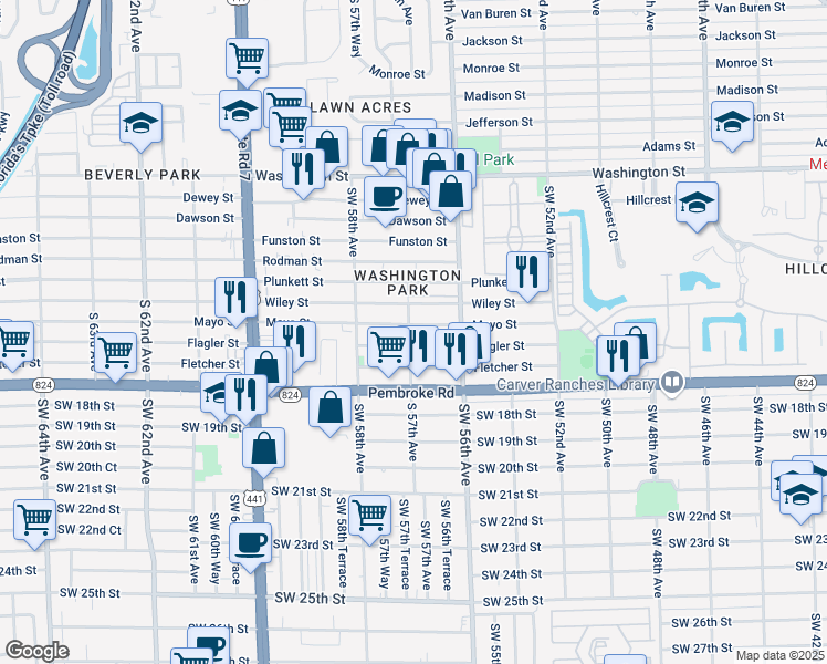 map of restaurants, bars, coffee shops, grocery stores, and more near 5680 Flagler Street in Hollywood