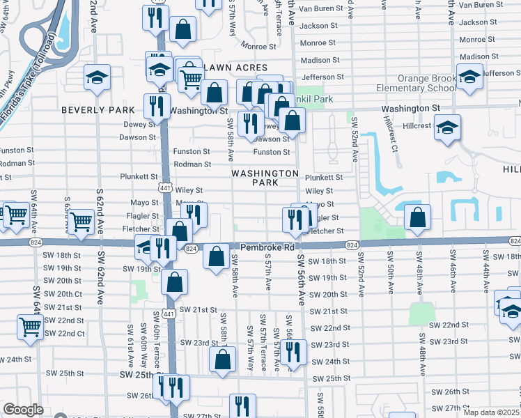 map of restaurants, bars, coffee shops, grocery stores, and more near 5728 Flagler Street in Hollywood