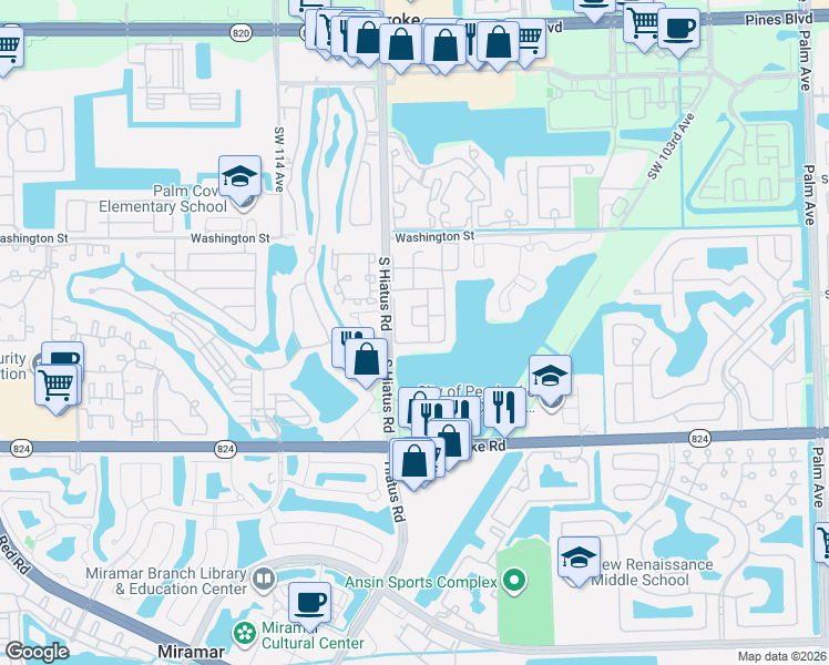 map of restaurants, bars, coffee shops, grocery stores, and more near 11100 Southwest 13th Street in Pembroke Pines