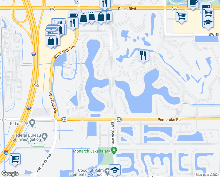 map of restaurants, bars, coffee shops, grocery stores, and more near 1205 Southwest 137th Avenue in Pembroke Pines