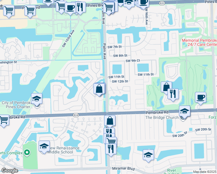 map of restaurants, bars, coffee shops, grocery stores, and more near 10048 Southwest 14th Street in Pembroke Pines