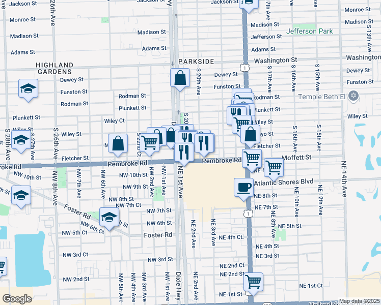 map of restaurants, bars, coffee shops, grocery stores, and more near 1617 South 21st Avenue in Hollywood