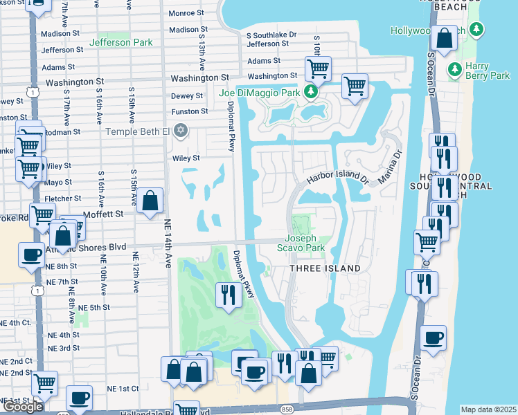 map of restaurants, bars, coffee shops, grocery stores, and more near 1597 Mariner Way in Hollywood