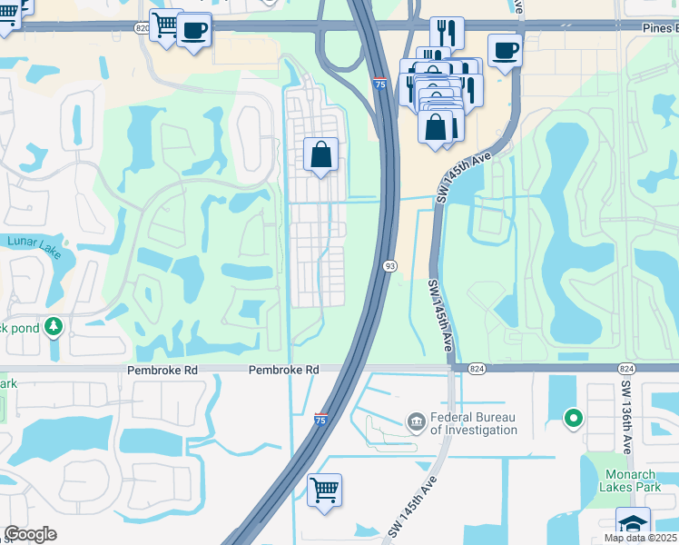map of restaurants, bars, coffee shops, grocery stores, and more near 14604 Southwest 12th Street in Pembroke Pines