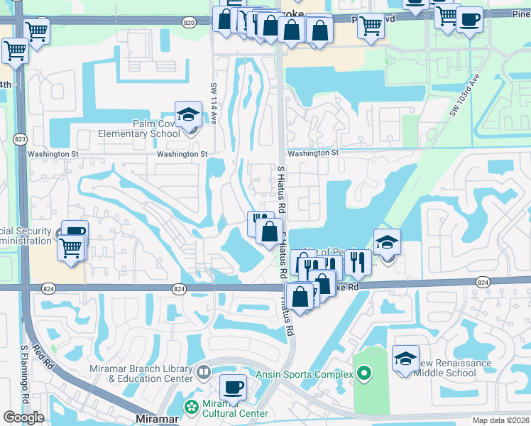 map of restaurants, bars, coffee shops, grocery stores, and more near 11230 Southwest 11 Street in Pembroke Pines