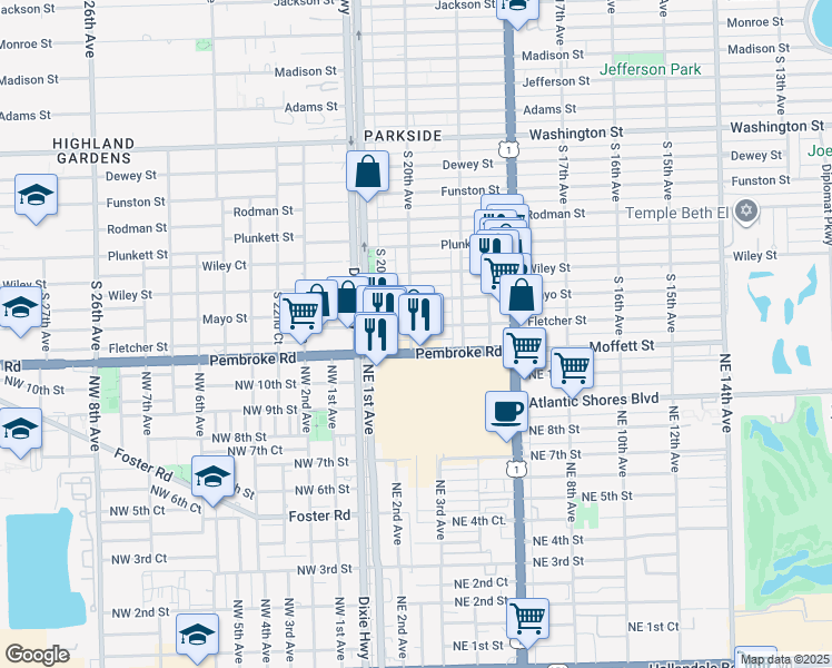 map of restaurants, bars, coffee shops, grocery stores, and more near 1511 South 20th Avenue in Hollywood