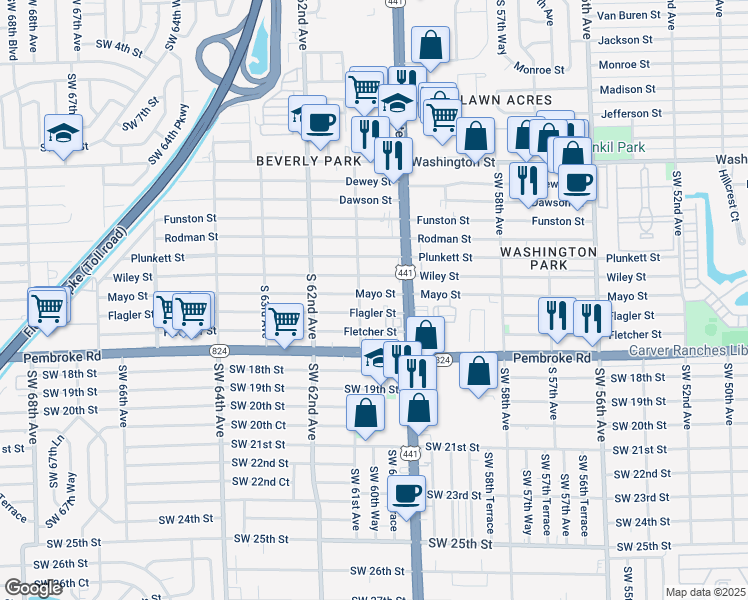 map of restaurants, bars, coffee shops, grocery stores, and more near 6012 Wiley Street in Hollywood