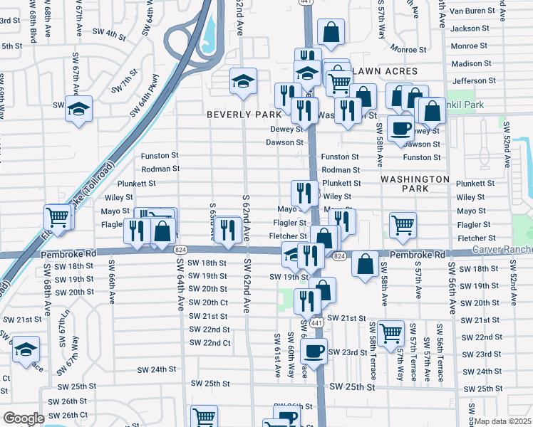 map of restaurants, bars, coffee shops, grocery stores, and more near 6110 Wiley Street in Hollywood