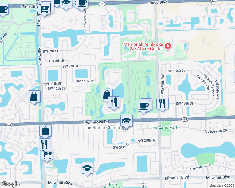 map of restaurants, bars, coffee shops, grocery stores, and more near 9500 North Hollybrook Lake Drive in Pembroke Pines