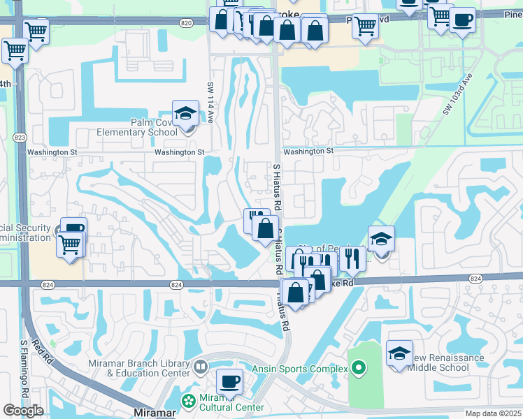 map of restaurants, bars, coffee shops, grocery stores, and more near 11230 Southwest 11 Street in Pembroke Pines