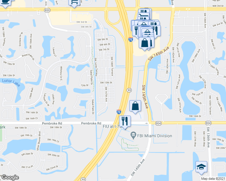 map of restaurants, bars, coffee shops, grocery stores, and more near 14604 Southwest 12th Street in Pembroke Pines