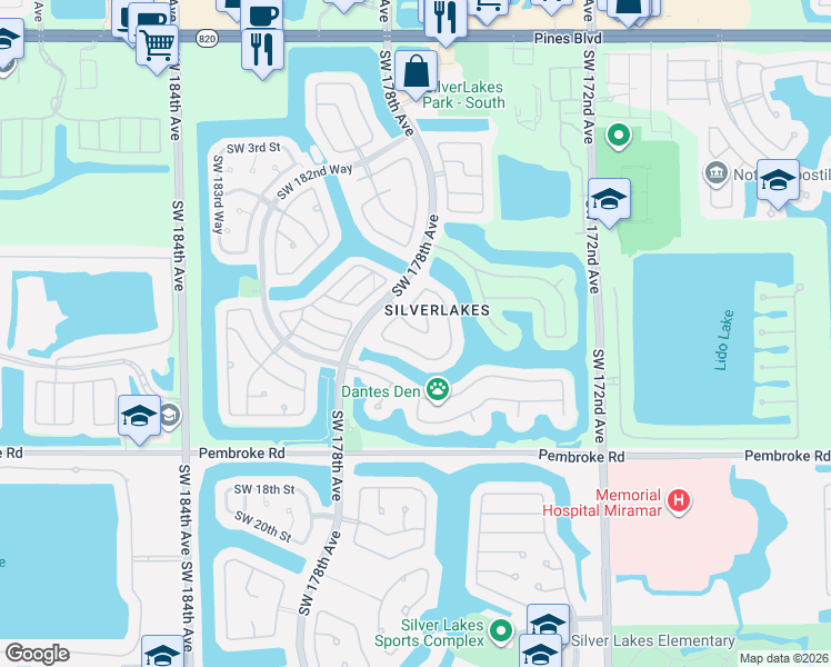 map of restaurants, bars, coffee shops, grocery stores, and more near 961 Southwest 177th Way in Pembroke Pines