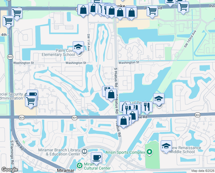 map of restaurants, bars, coffee shops, grocery stores, and more near 1250 Southwest 113th Terrace in Pembroke Pines