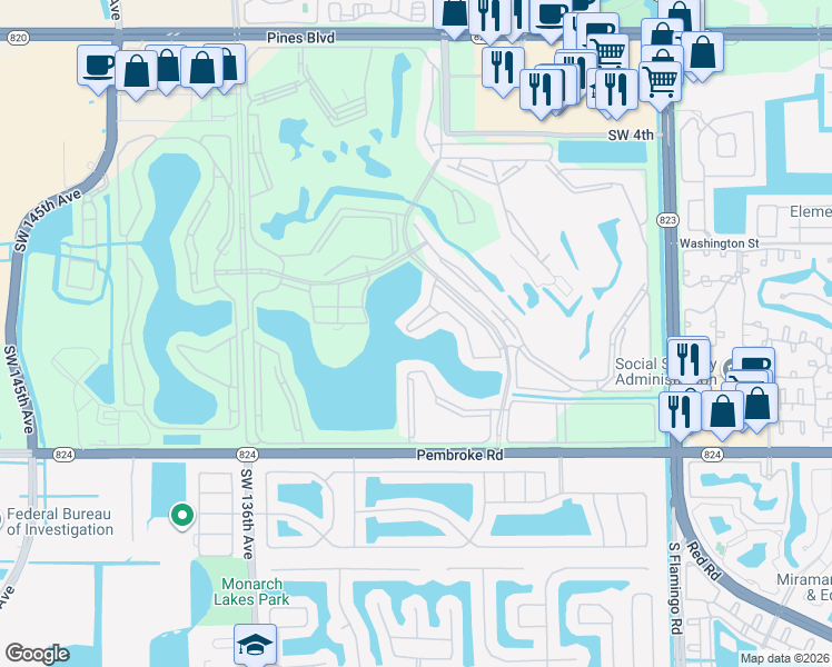 map of restaurants, bars, coffee shops, grocery stores, and more near 13001 Southwest 11th Court in Pembroke Pines
