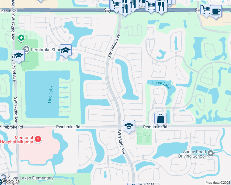 map of restaurants, bars, coffee shops, grocery stores, and more near 995 Southwest 159th Lane in Pembroke Pines