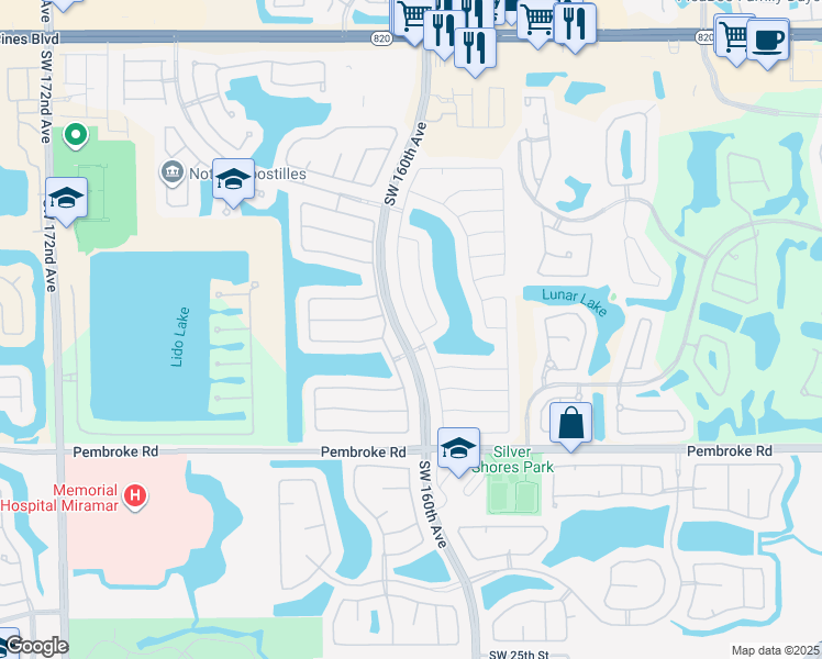 map of restaurants, bars, coffee shops, grocery stores, and more near 995 Southwest 159th Lane in Pembroke Pines
