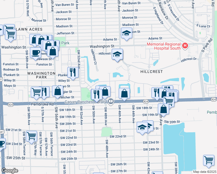 map of restaurants, bars, coffee shops, grocery stores, and more near 1436 Silk Oak Drive in Hollywood