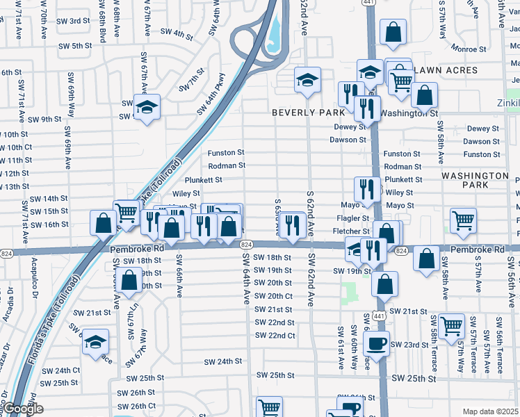 map of restaurants, bars, coffee shops, grocery stores, and more near 6320 Wiley Street in Hollywood