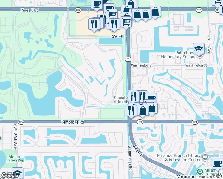 map of restaurants, bars, coffee shops, grocery stores, and more near 1200 Southwest 125th Avenue in Pembroke Pines