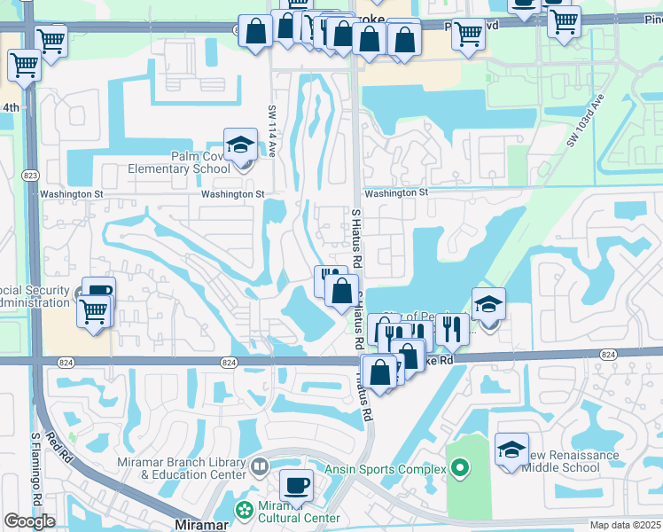 map of restaurants, bars, coffee shops, grocery stores, and more near 11320 Southwest 11 Street in Pembroke Pines