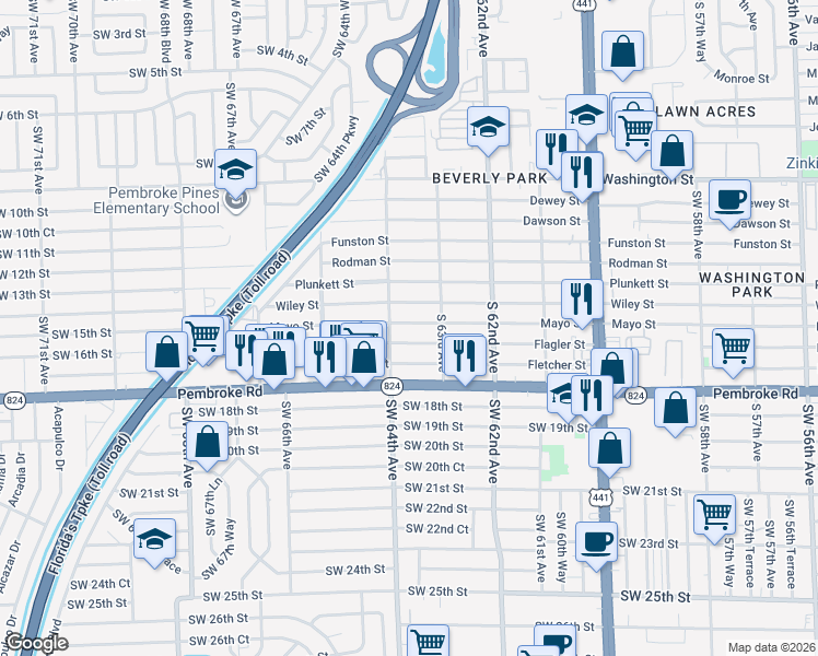 map of restaurants, bars, coffee shops, grocery stores, and more near 6320 Wiley Street in Hollywood