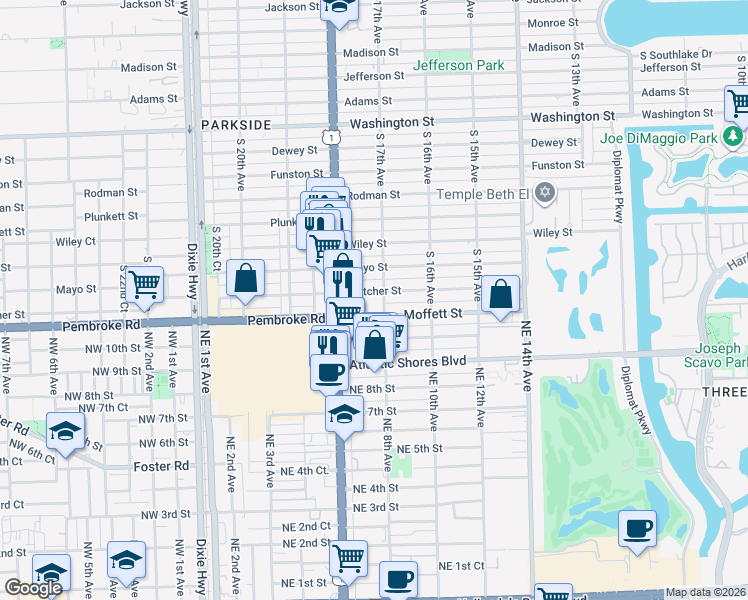 map of restaurants, bars, coffee shops, grocery stores, and more near 1517 South 17th Avenue in Hollywood