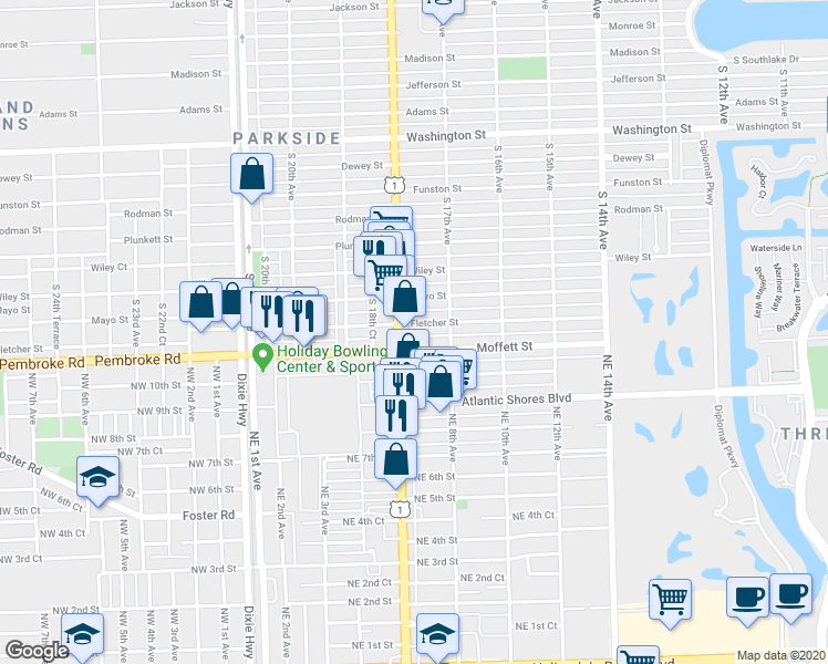 map of restaurants, bars, coffee shops, grocery stores, and more near 1733 Fletcher Street in Hollywood