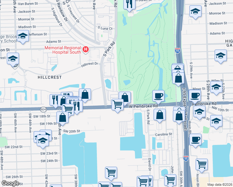 map of restaurants, bars, coffee shops, grocery stores, and more near 1417 South 33rd Avenue in Hollywood