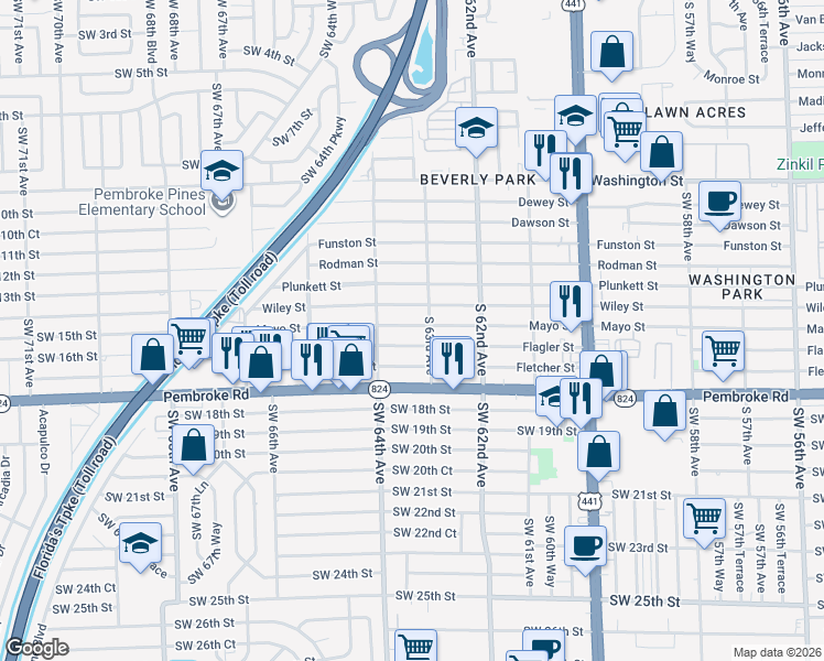 map of restaurants, bars, coffee shops, grocery stores, and more near 6320 Wiley Street in Hollywood