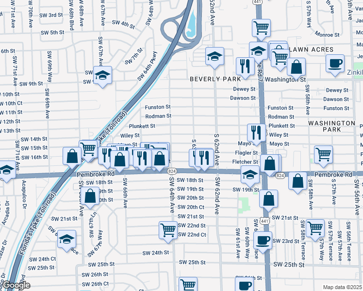 map of restaurants, bars, coffee shops, grocery stores, and more near 6320 Wiley Street in Hollywood