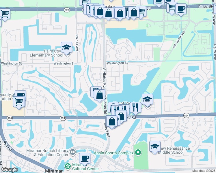 map of restaurants, bars, coffee shops, grocery stores, and more near 1141 Southwest 111th Avenue in Pembroke Pines