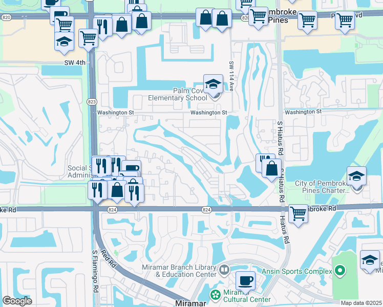 map of restaurants, bars, coffee shops, grocery stores, and more near 11762 Southwest 13th Court in Pembroke Pines