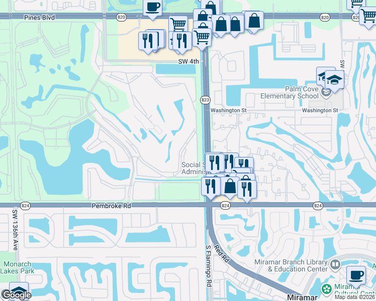 map of restaurants, bars, coffee shops, grocery stores, and more near 1200 Southwest 124th Terrace in Pembroke Pines