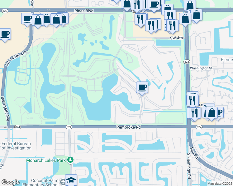 map of restaurants, bars, coffee shops, grocery stores, and more near 13001 Southwest 11th Court in Pembroke Pines