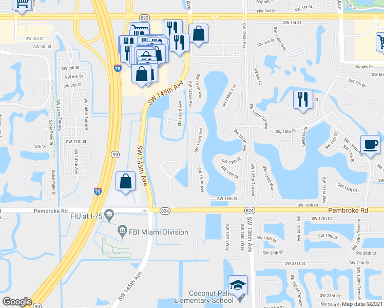map of restaurants, bars, coffee shops, grocery stores, and more near 1001 Southwest 141st Avenue in Pembroke Pines
