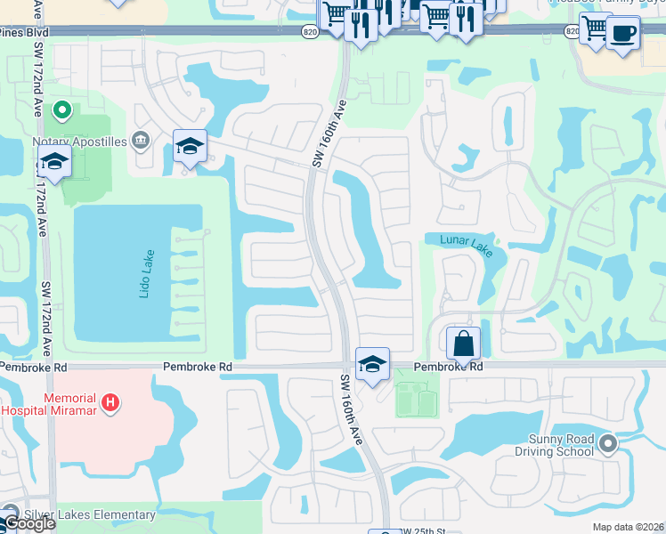 map of restaurants, bars, coffee shops, grocery stores, and more near 995 Southwest 159th Lane in Pembroke Pines
