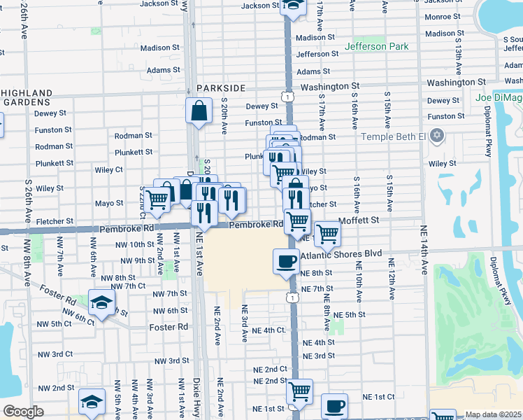map of restaurants, bars, coffee shops, grocery stores, and more near 1510 South 19th Avenue in Hollywood