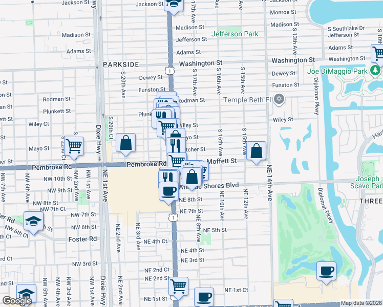 map of restaurants, bars, coffee shops, grocery stores, and more near 1517 South 17th Avenue in Hollywood