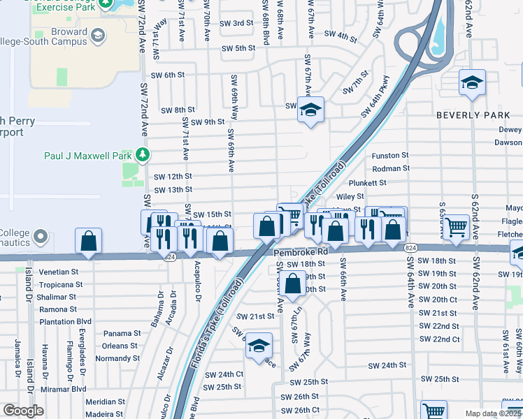 map of restaurants, bars, coffee shops, grocery stores, and more near 6825 Southwest 14th Street in Pembroke Pines
